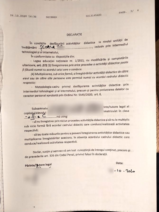 Declarația pentru interzicerea înregistrării orelor online