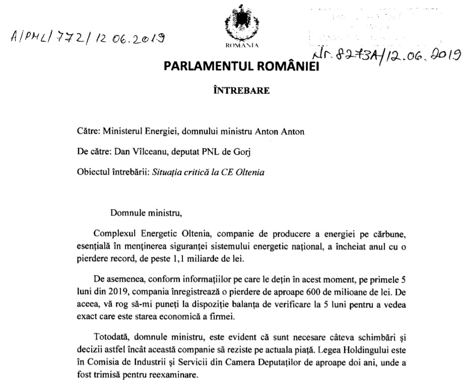CE Oltenia interpelare Vilceanu