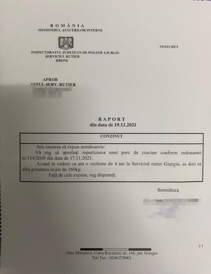 Adresa prin care politistul le cere șefilor porcul de Crăciun