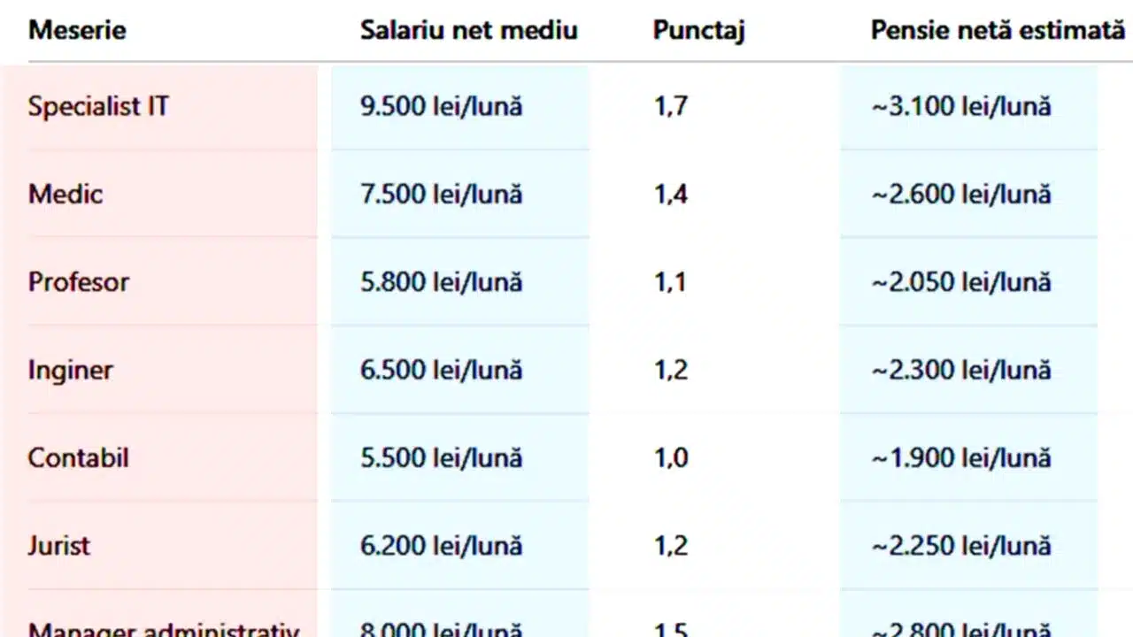 Pensia estimată după 23 de ani de cotizație. Cele mai populare 25 de meserii analizate 3 tabel pensii
